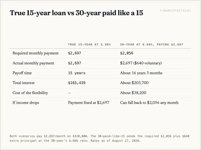 Paying the 30-year loan like a 15 retires it in about 16 years 3 months with $203,700 of interest — about $38,200 more than a true 15-year loan, in exchange for the option to drop back to the $2,056 required payment.