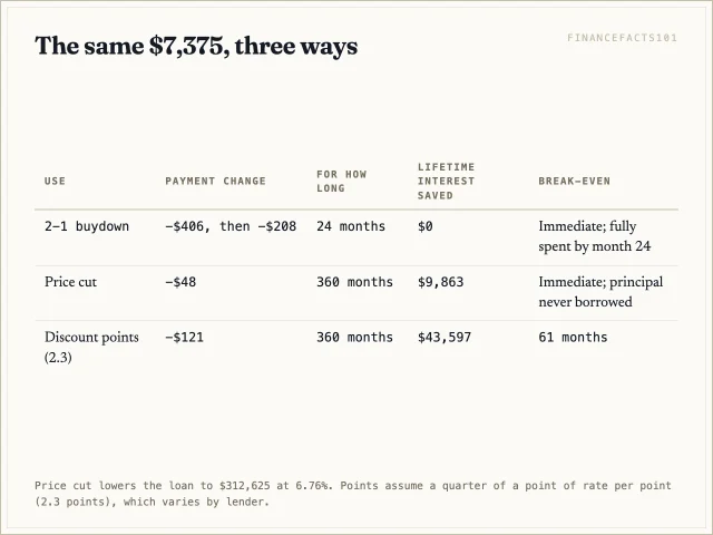 Table comparing the buydown, a price cut and discount points on payment change, duration, lifetime interest saved and break-even.