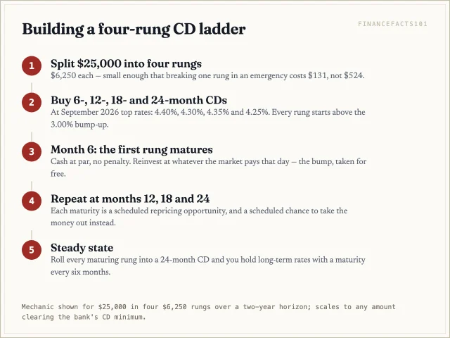 Split the cash into four rungs at six, twelve, eighteen and twenty-four months, then reinvest each maturing rung at the market rate
