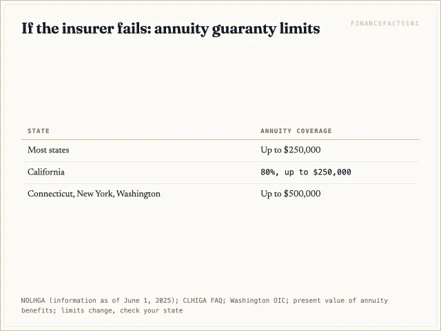 Most states protect up to $250,000 of annuity value; California 80% up to $250,000; a few states, including New York and Washington, up to $500,000