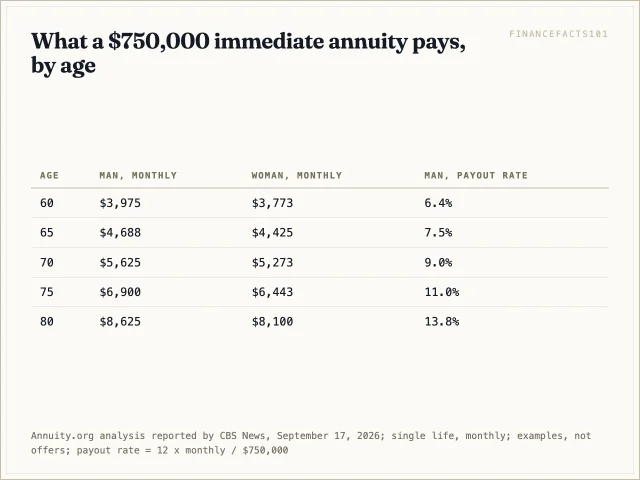 A 65-year-old man gets about $4,688 a month on $750,000, a 7.5% payout rate; at 80 it is $8,625, or 13.8%