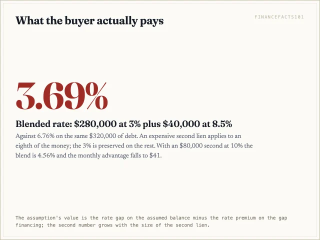 The blended rate of the assumed 3% loan and an 8.5% second lien is 3.69%, against 6.76% for a new loan.