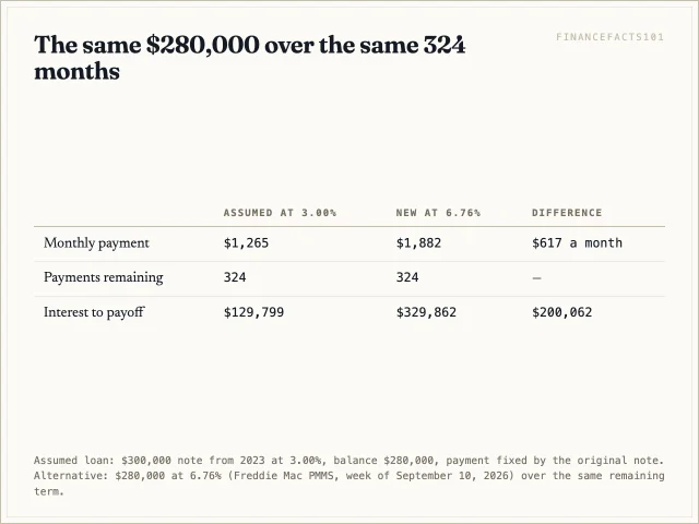 Table comparing payment and remaining interest on $280,000 at 3% and at 6.76% over 324 months.