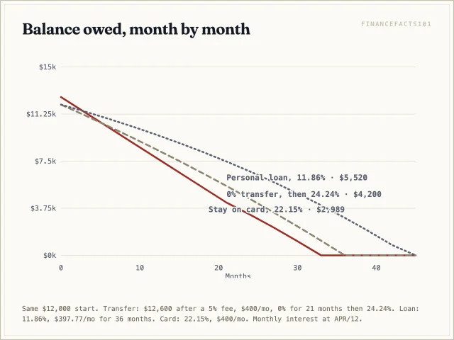 The transfer balance falls fastest and reaches zero at month 33, the loan at month 36, and staying on the card takes 45 months