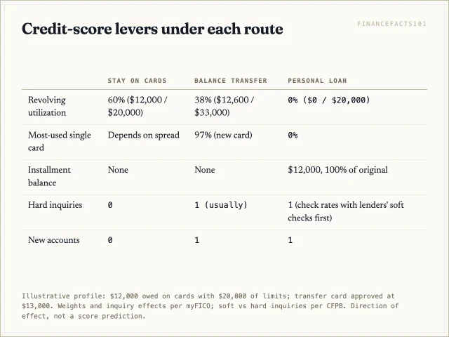 The loan drops revolving utilization to zero; the transfer drops it to about 38 percent but leaves the new card 97 percent used; each adds one inquiry and one new account
