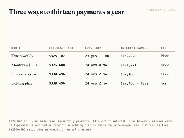 Table comparing true biweekly, monthly plus a twelfth, one extra payment a year, and a holding plan on interest, payoff and saving.