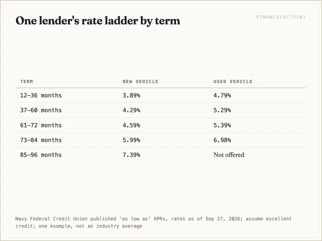 At this credit union the new-car rate rises 0.30 points from the 60-month to the 72-month tier and 1.40 points more at 73 to 84 months