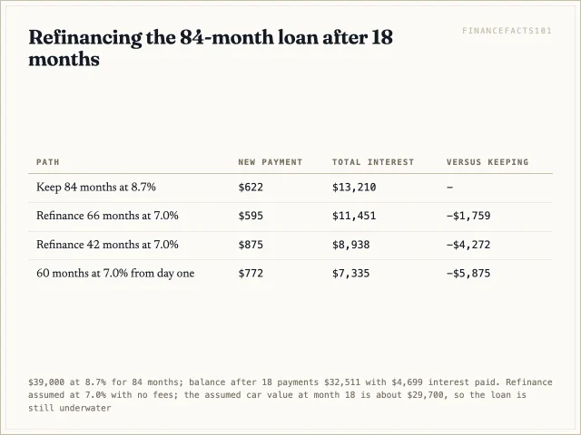 Refinancing into a 42-month loan saves $4,272 but still costs more interest than taking 60 months at the start
