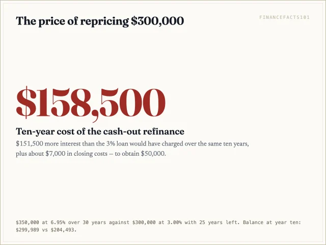 The cash-out refinance costs $158,500 more than keeping the old loan over ten years.