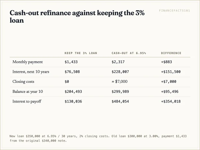 Table comparing the old loan and the cash-out refinance on payment, ten-year interest, balance at year ten and lifetime interest.