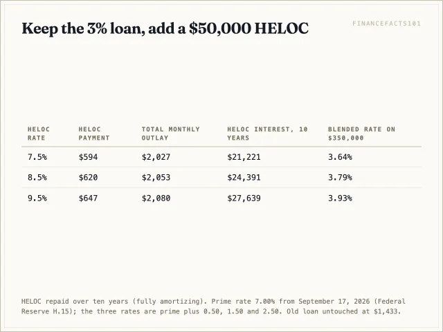 Table of HELOC payment, total monthly outlay and ten-year interest at 7.5%, 8.5% and 9.5%.