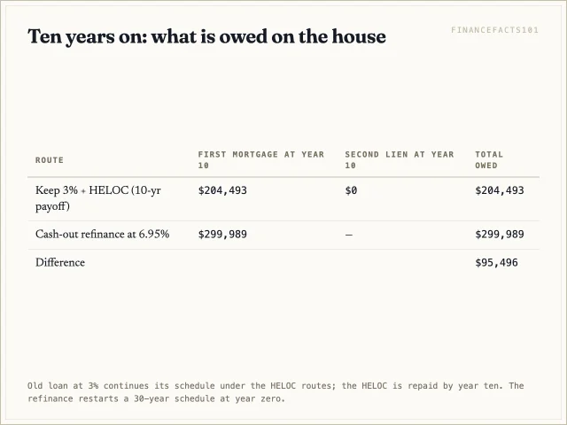 Table showing balances at year ten: $204,493 on the first mortgage and zero on the HELOC, against $299,989 on the refinance.