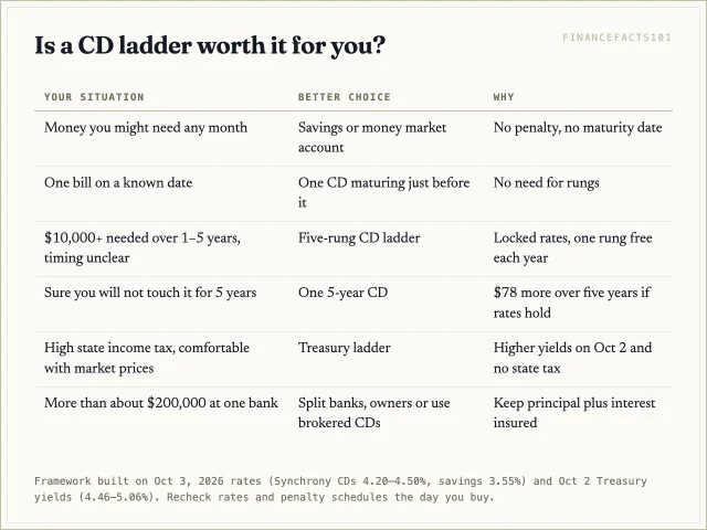 A ladder suits cash needed over one to five years with unknown timing; emergency money belongs in savings, dated bills in one matching CD, and tax-sensitive savers should compare a Treasury ladder first