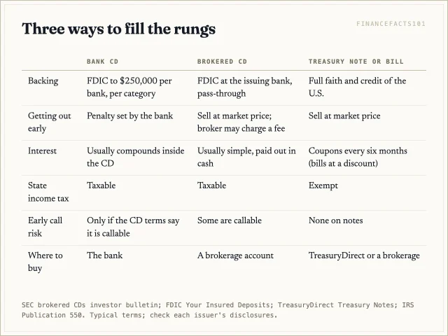 Bank CDs charge a fixed penalty and compound inside the CD; brokered CDs and Treasuries are sold at market price and pay interest out in cash; only Treasuries avoid state income tax