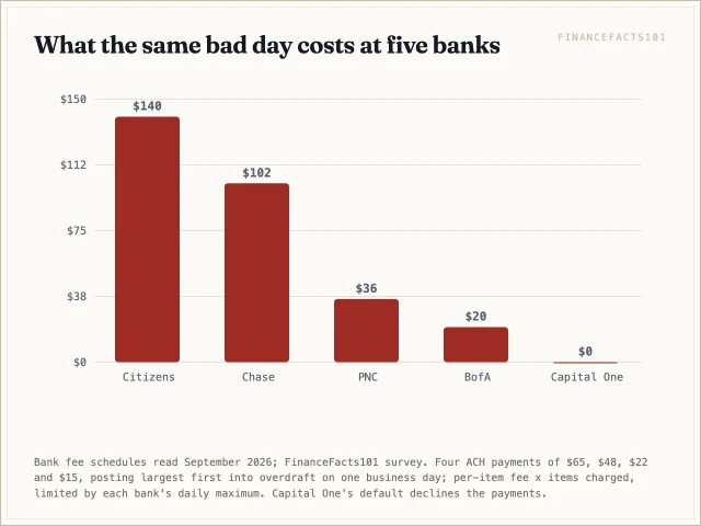 Citizens charges 140 dollars for the day because it allows five fees; Chase 102 because it caps at three; PNC 36 because it caps at one