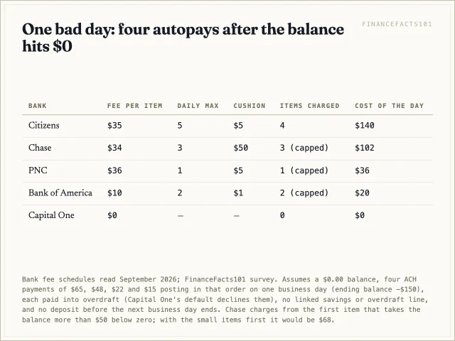 The same four payments cost 140 dollars at Citizens, 102 at Chase, 36 at PNC, 20 at Bank of America and nothing at Capital One