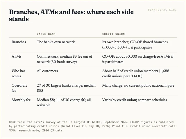Big banks have their own national branch networks and a median 3 dollar out-of-network ATM fee; credit unions in CO-OP share about 5,600 branches and about 30,000 ATMs, but only about half of members have access