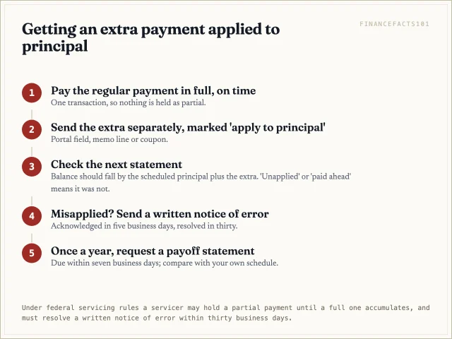 Flow: pay the regular payment in full; send the extra separately marked for principal; check the statement; send a notice of error if misapplied; request a payoff statement yearly.