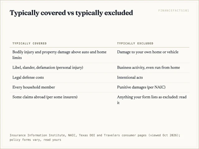 Umbrellas cover injury, property damage and personal injury claims above your limits, but not your own property, business activity or intentional acts