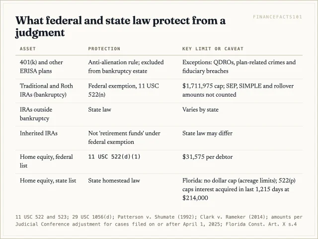 401(k)s are shielded by ERISA, IRAs up to $1,711,975 in bankruptcy, inherited IRAs are not federally exempt, and homestead protection ranges from $31,575 to unlimited