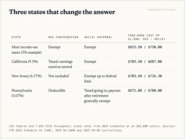 California and New Jersey tax HSA contributions but not 401(k) deferrals; Pennsylvania does the reverse