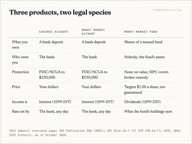 Savings and money market accounts are insured bank deposits paying interest; a money market fund is an uninsured mutual fund paying dividends and priced at a target of one dollar