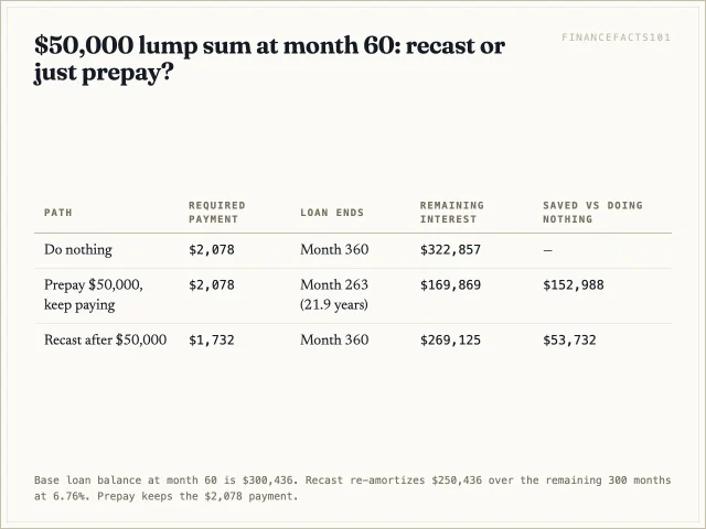 Table comparing doing nothing, prepaying, and recasting after a $50,000 lump sum.