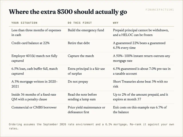 Emergency fund, high-rate debt and the employer match all outrank mortgage prepayment; a low-rate mortgage should not be prepaid at all