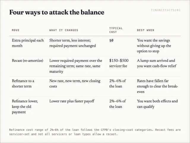 Paying extra is free but does not lower the required payment; a recast lowers the payment for a small fee; refinancing changes the rate but costs thousands