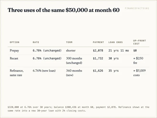 Table defining prepay, recast and refinance: what changes, the payment, when the loan ends and the up-front cost.