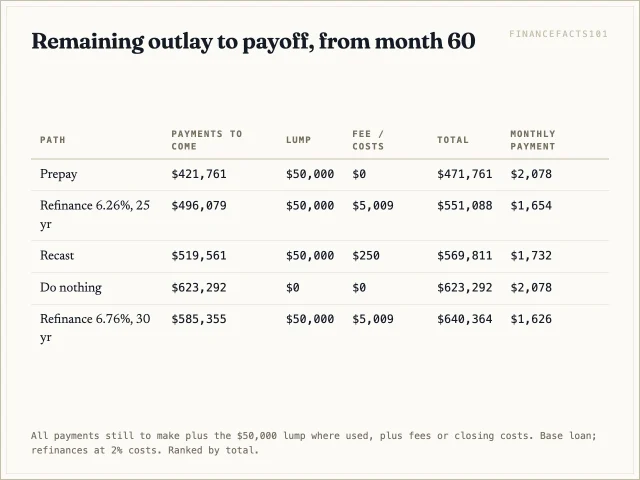 Table of total remaining outlay for doing nothing, prepaying, recasting, and two refinances.
