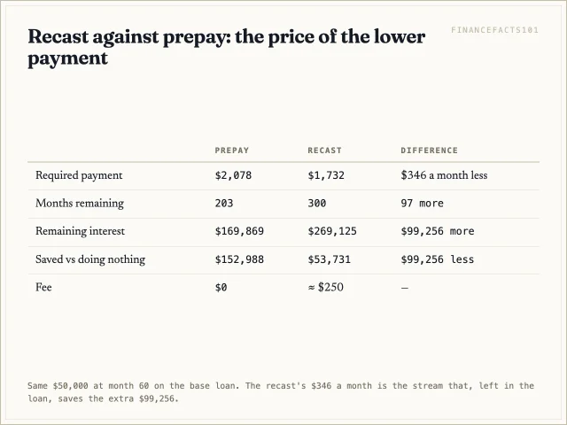 Table comparing prepay and recast on payment, months remaining, remaining interest and saving.