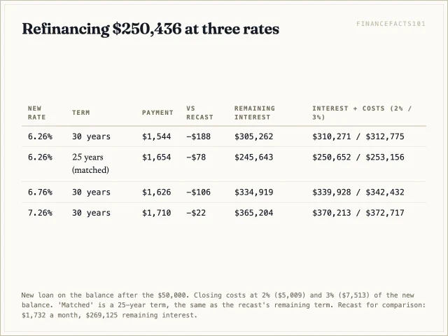 Table of refinance payment, remaining interest and costs at 6.26%, 6.76% and 7.26%, on 30-year and matched terms.