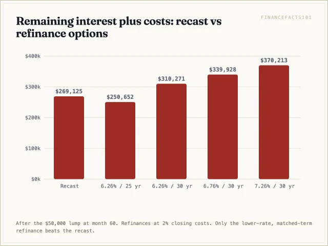 Recast $269,125; refinance at 6.26% matched term $250,652; at 6.26% 30-year $310,271; at 6.76% 30-year $339,928; at 7.26% 30-year $370,213.