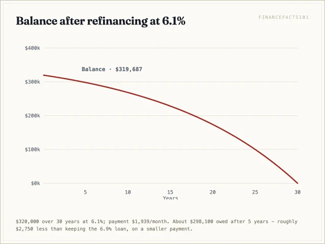 Balance curve of the 6.1% refinance: faster amortization, about $298,100 remaining at year 5