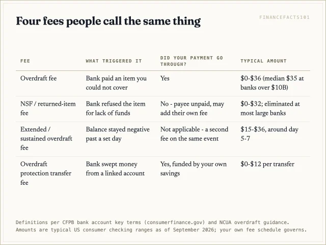 An overdraft fee means the bank paid the item, an NSF fee means it refused the item, an extended fee is charged for staying negative, and a transfer fee is the cheap alternative