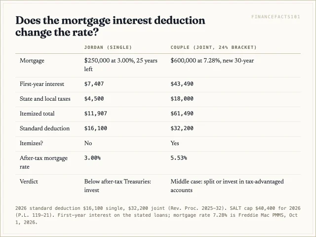 Jordan's 3 percent mortgage plus property tax falls short of the standard deduction, so its real rate is 3 percent; a couple with a new 7.28 percent loan itemizes and pays about 5.53 percent after tax