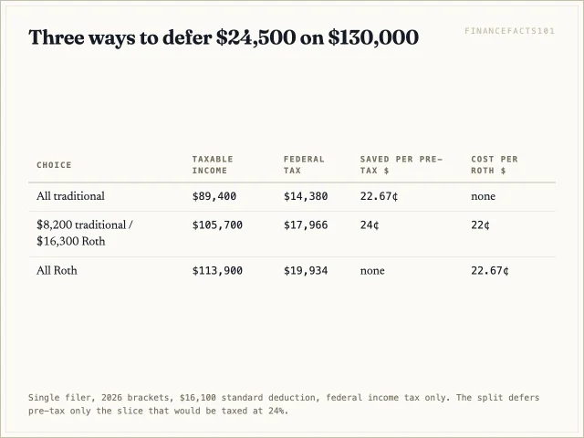 Splitting $8,200 traditional and $16,300 Roth saves 24 cents per pre-tax dollar and costs 22 cents per Roth dollar