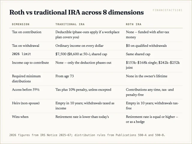 Side-by-side of tax treatment, limits, income caps, RMDs, early access, inheritance, and when each account wins