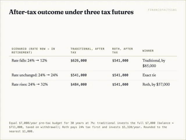 Traditional wins by $85,000 if the tax rate falls from 24% to 12%, ties exactly at 24%, and loses by $57,000 to the Roth if the rate rises to 32%