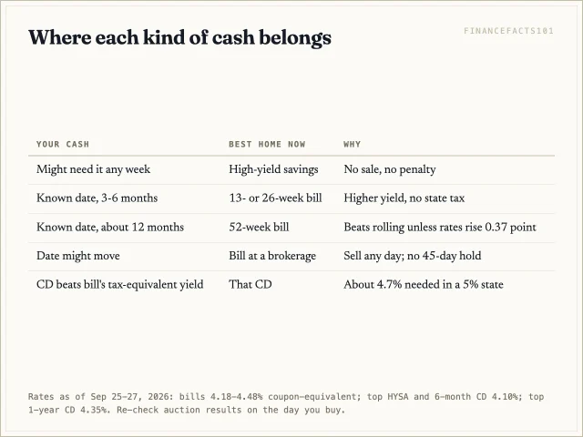 Money you might need any week goes in a savings account; dated money 3 to 12 months out goes in a matching bill; CDs only when they beat the bill's taxable-equivalent yield