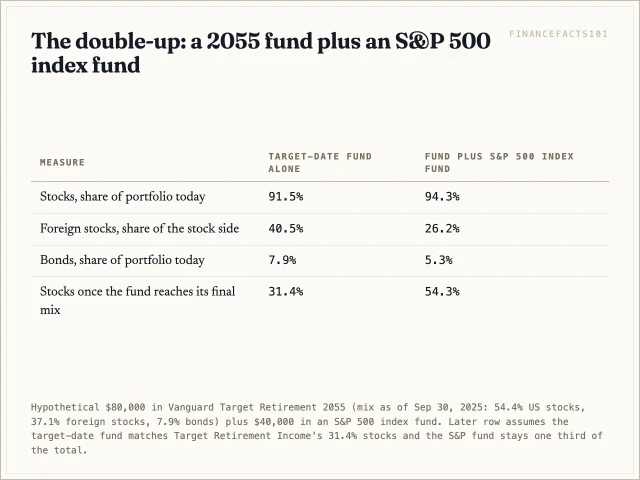 Adding an S&P 500 fund raises stocks from 91.5 to 94.3 percent, cuts foreign stocks from 40.5 to 26.2 percent of the stock side, and leaves about 54 percent in stocks when the fund alone would be at 31 percent