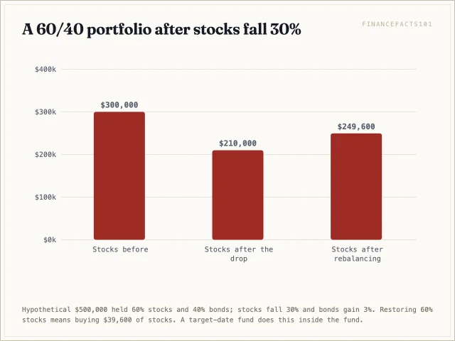 After the drop the portfolio holds 210,000 dollars of stocks and 206,000 of bonds, 50.5 percent stocks; restoring 60 percent takes a 39,600 dollar purchase of stocks