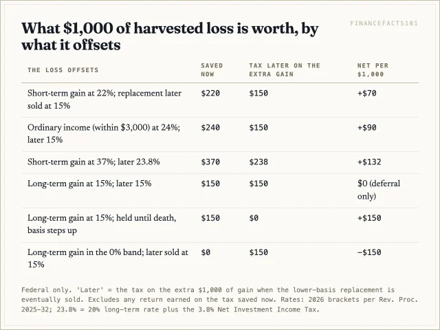 A loss is worth the gap between the rate it saves now and the rate the replacement's extra gain pays later: plus 70 to 150 dollars per thousand in most cases, zero for long-term against long-term, and minus 150 if it only cancels a gain taxed at 0 percent