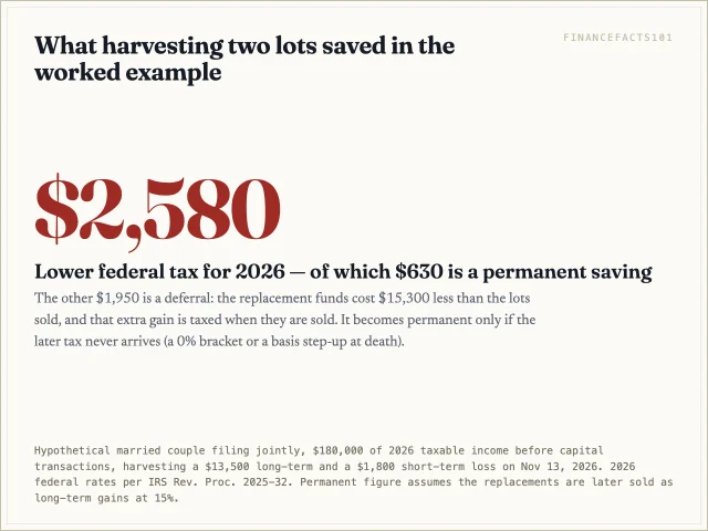 Harvesting cut the couple's 2026 federal tax by 2,580 dollars, but only 630 dollars of that is permanent if the replacement funds are later sold at 15 percent