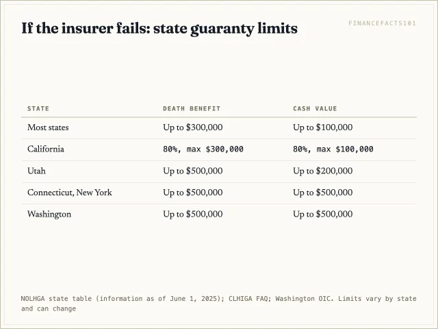 Most states protect $300,000 of death benefit and $100,000 of cash value; California pays 80% within those caps