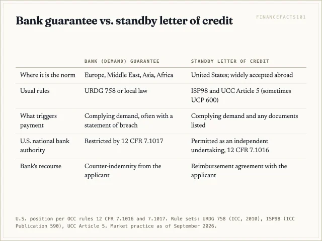 Both are bank promises that pay if the applicant defaults; the guarantee is the norm outside the U.S. under URDG 758, the standby is the U.S. norm under ISP98 and UCC Article 5
