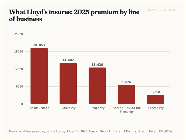 Reinsurance is the largest line at 20.1 billion pounds, followed by casualty at 14.7 billion, property at 13.0 billion, marine aviation and energy at 6.8 billion and specialty at 3.3 billion