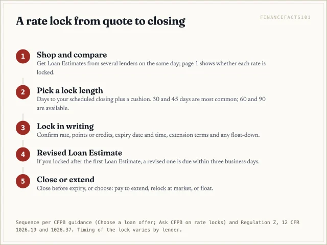 Compare Loan Estimates, lock once you have a contract and a closing date, get a revised Loan Estimate within three business days, then close before the lock expires or extend it
