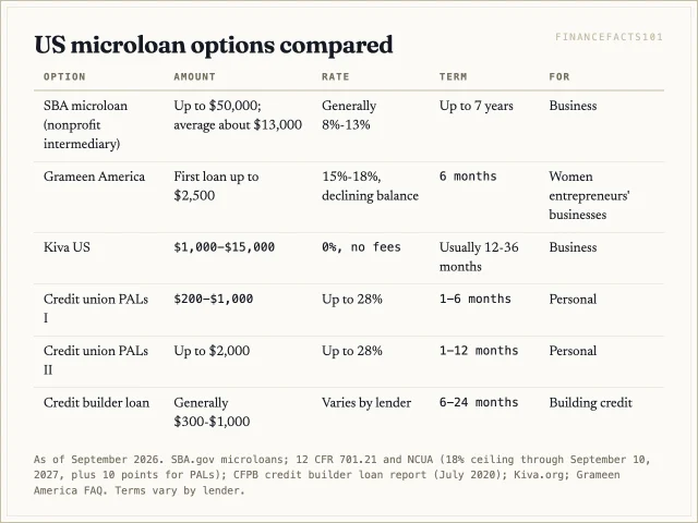SBA microloans reach 50,000 dollars at about 8 to 13 percent; credit union PALs reach 2,000 dollars at up to 28 percent; credit builder loans run 300 to 1,000 dollars; Kiva lends 1,000 to 15,000 dollars at 0 percent